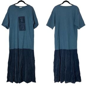 Vintage Johnny Was T-shirt Dress sz. small Crinkle Skirt patchwork two tone blue